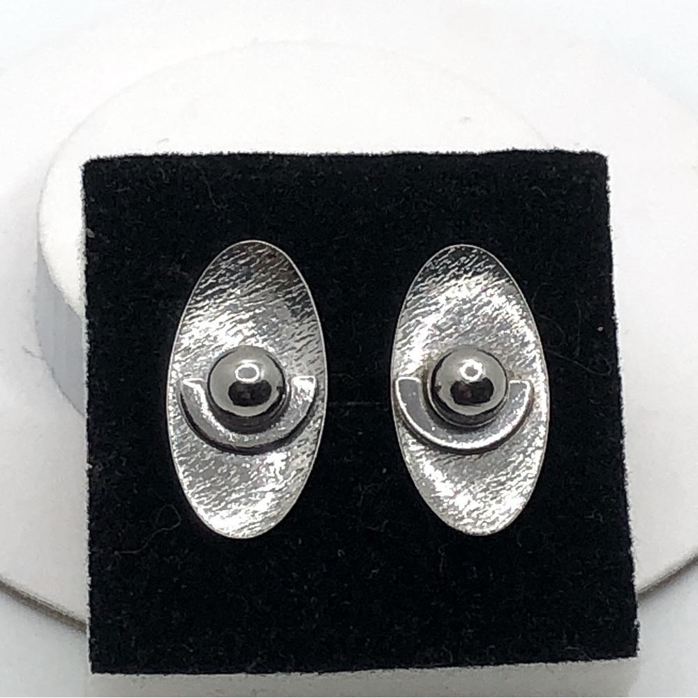 Vtg MCM Abstract Retro Style Silver Tone Elongated Saucer Shaped Cufflinks 1”